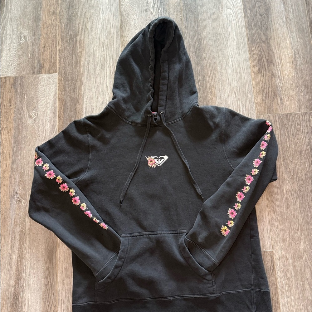 Black Roxy Floral-Trim Hoodie-XL